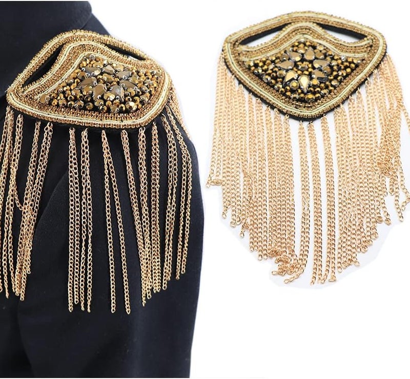 Zthread Crystal Beaded Shoulder Epaulete Badge Rhinestone Shoulder Brooch Pin Gold Chain Tassel Fringe Shoulder Epaullette (Gold) - Image 1